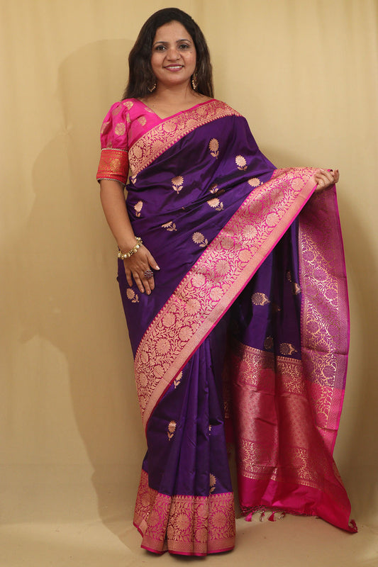 Exquisite Purple Banarasi Handloom Pure Katan Silk Saree - Luxurion World