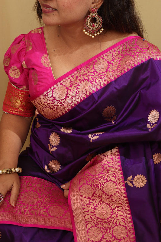 Exquisite Purple Banarasi Handloom Pure Katan Silk Saree - Luxurion World