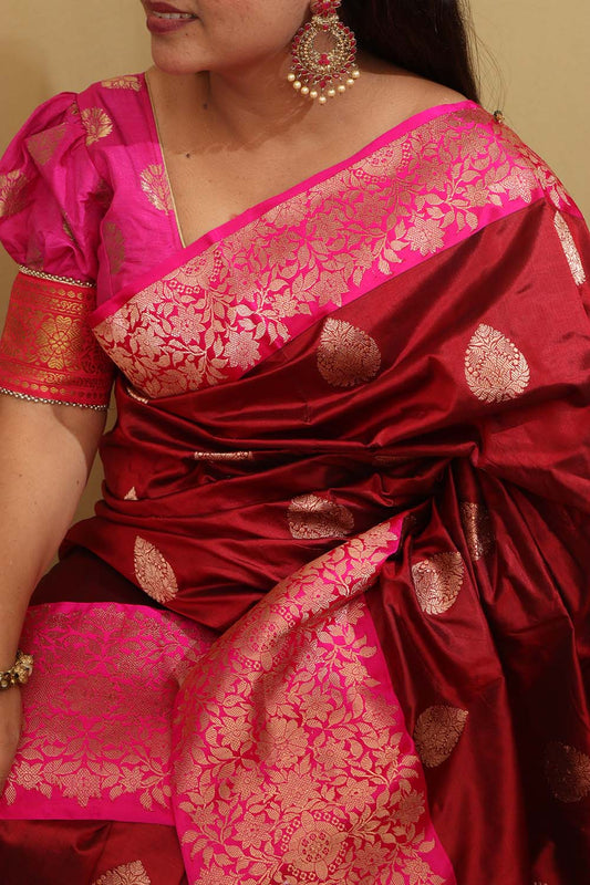 Elegant Maroon Banarasi Handloom Pure Katan Silk Saree - Luxurion World