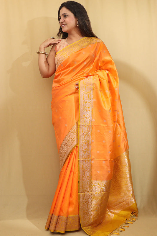 Elegant Orange Banarasi Silk Saree - Handloom Pure Katan - Luxurion World