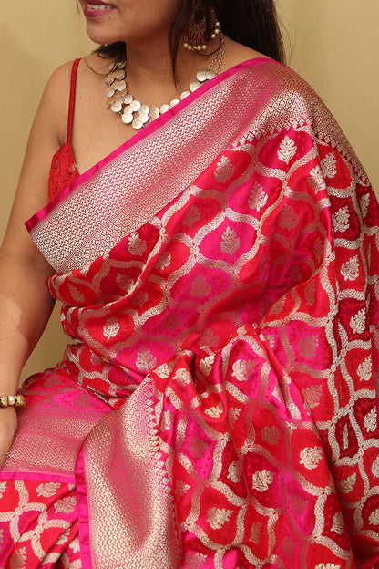 Vibrant Red & Pink Banarasi Silk Saree - Luxurion World