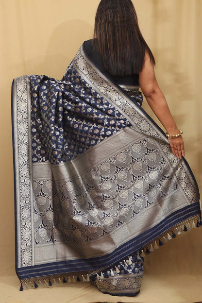 Timeless Beauty: Elegant Blue Banarasi Silk Saree - Luxurion World