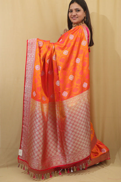 Timeless Beauty: Elegant Orange & Pink Banarasi Silk Saree - Luxurion World