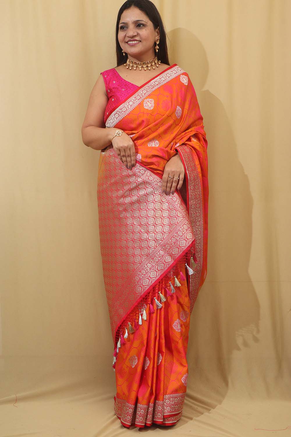 Timeless Beauty: Elegant Orange & Pink Banarasi Silk Saree - Luxurion World