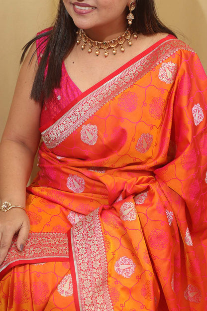 Timeless Beauty: Elegant Orange & Pink Banarasi Silk Saree - Luxurion World