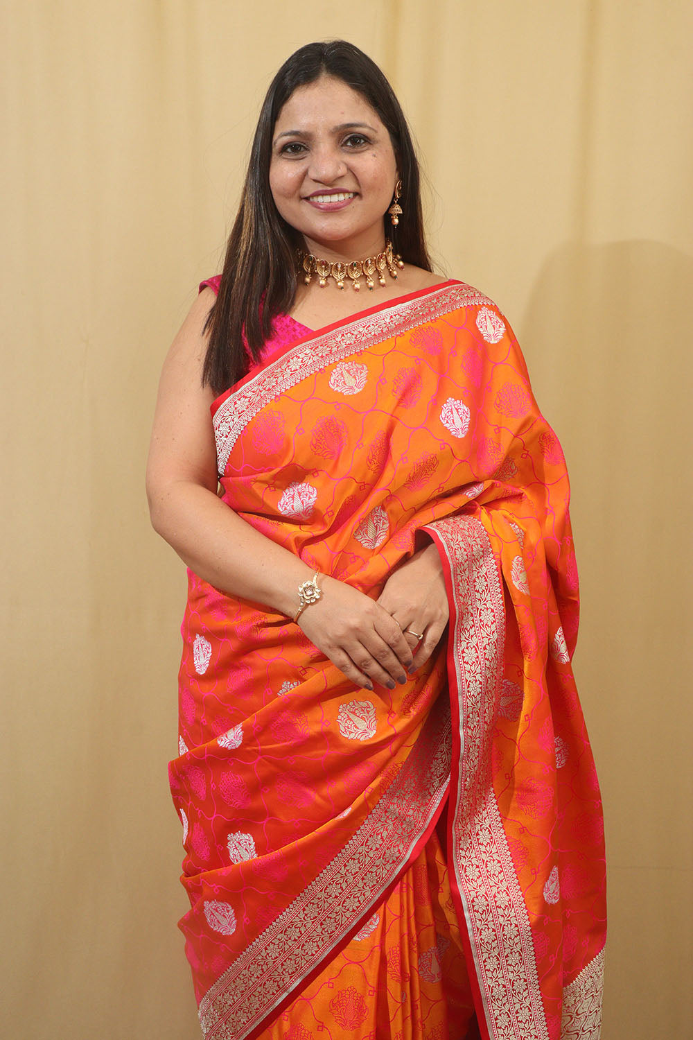 Timeless Beauty: Elegant Orange & Pink Banarasi Silk Saree - Luxurion World