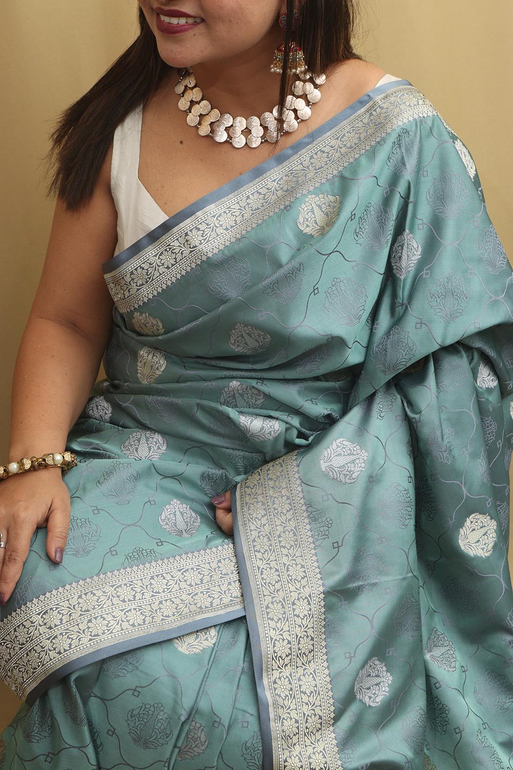 Graceful Grey Banarasi Silk Saree - Luxurion World