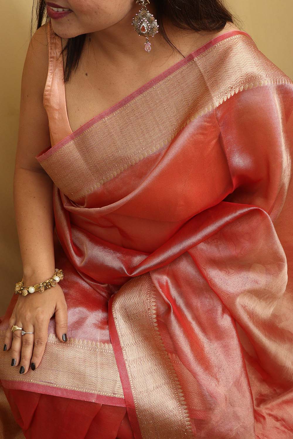 Buy Pink Saree Wrinkled Tissue Blouse Silk Chanderi Meera With For Women by  MATSYA Online at Aza Fashions.