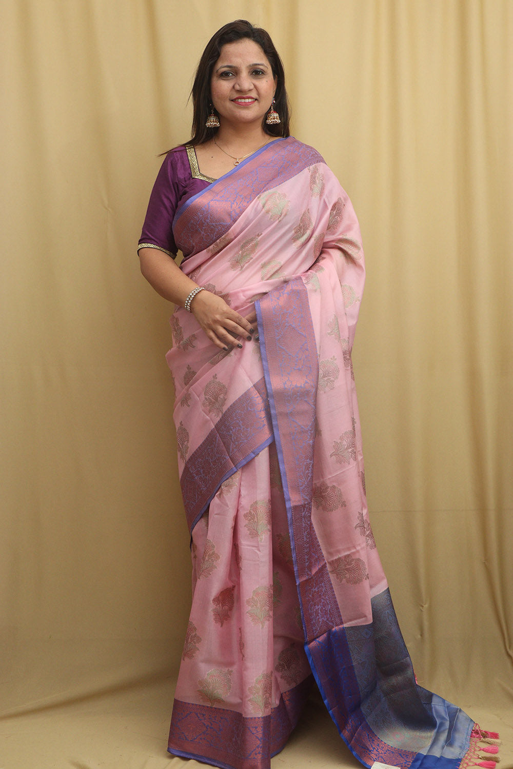 Elegant Pink Banarasi Cotton Silk Saree - Luxurion World