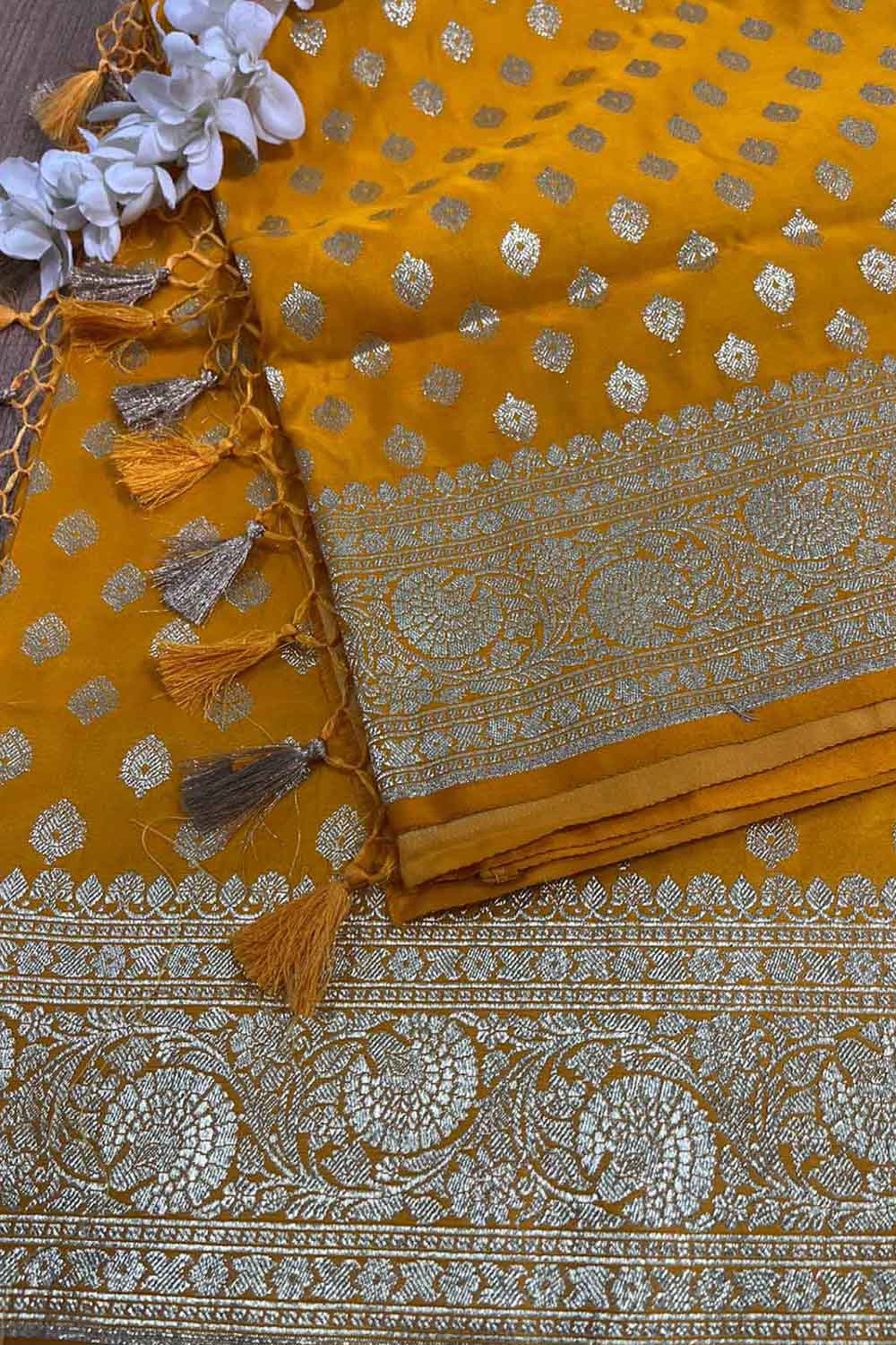 Vibrant Yellow Banarasi Satin Silk Saree - Elegant and Timeless - Luxurion World