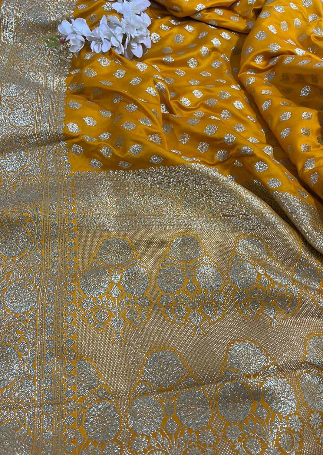 Vibrant Yellow Banarasi Satin Silk Saree - Elegant and Timeless - Luxurion World