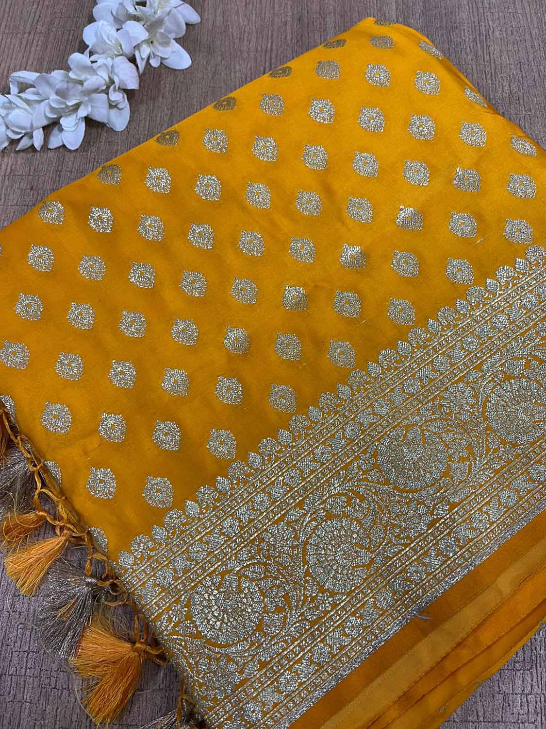 Vibrant Yellow Banarasi Satin Silk Saree - Elegant and Timeless - Luxurion World