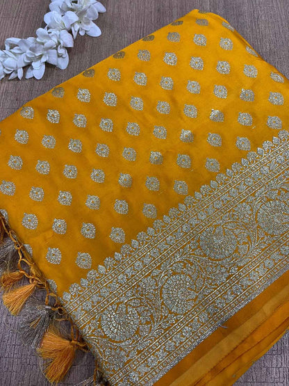 Vibrant Yellow Banarasi Satin Silk Saree - Elegant and Timeless - Luxurion World