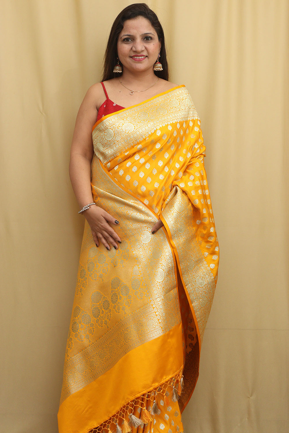 Vibrant Yellow Banarasi Satin Silk Saree - Elegant and Timeless - Luxurion World