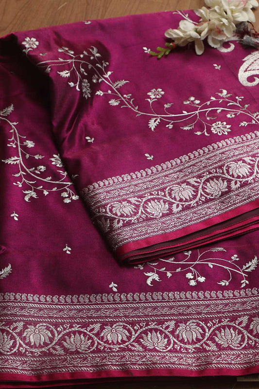 Elegant Purple Banarasi Embroidered Satin Silk Saree - Luxurion World