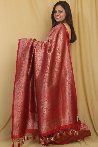 Stunning Red Banarasi Silk Shikargah Saree - Elegant and Timeless - Luxurion World