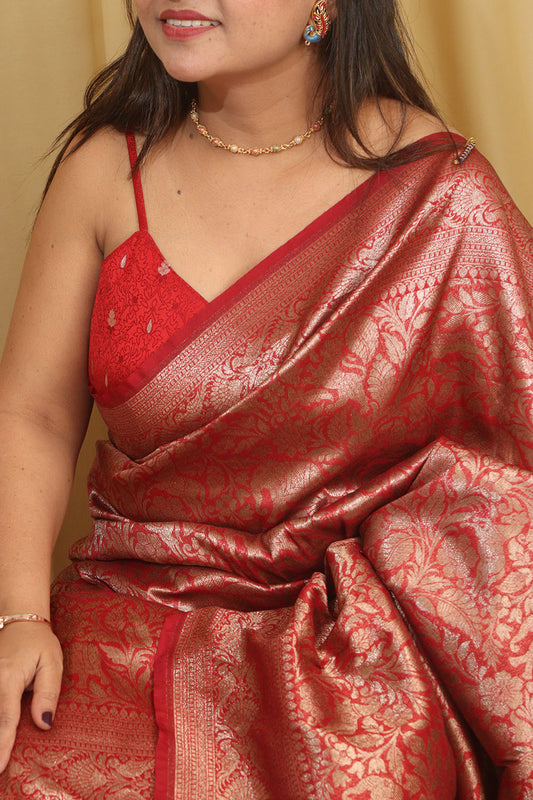 Stunning Red Banarasi Silk Shikargah Saree - Elegant and Timeless - Luxurion World