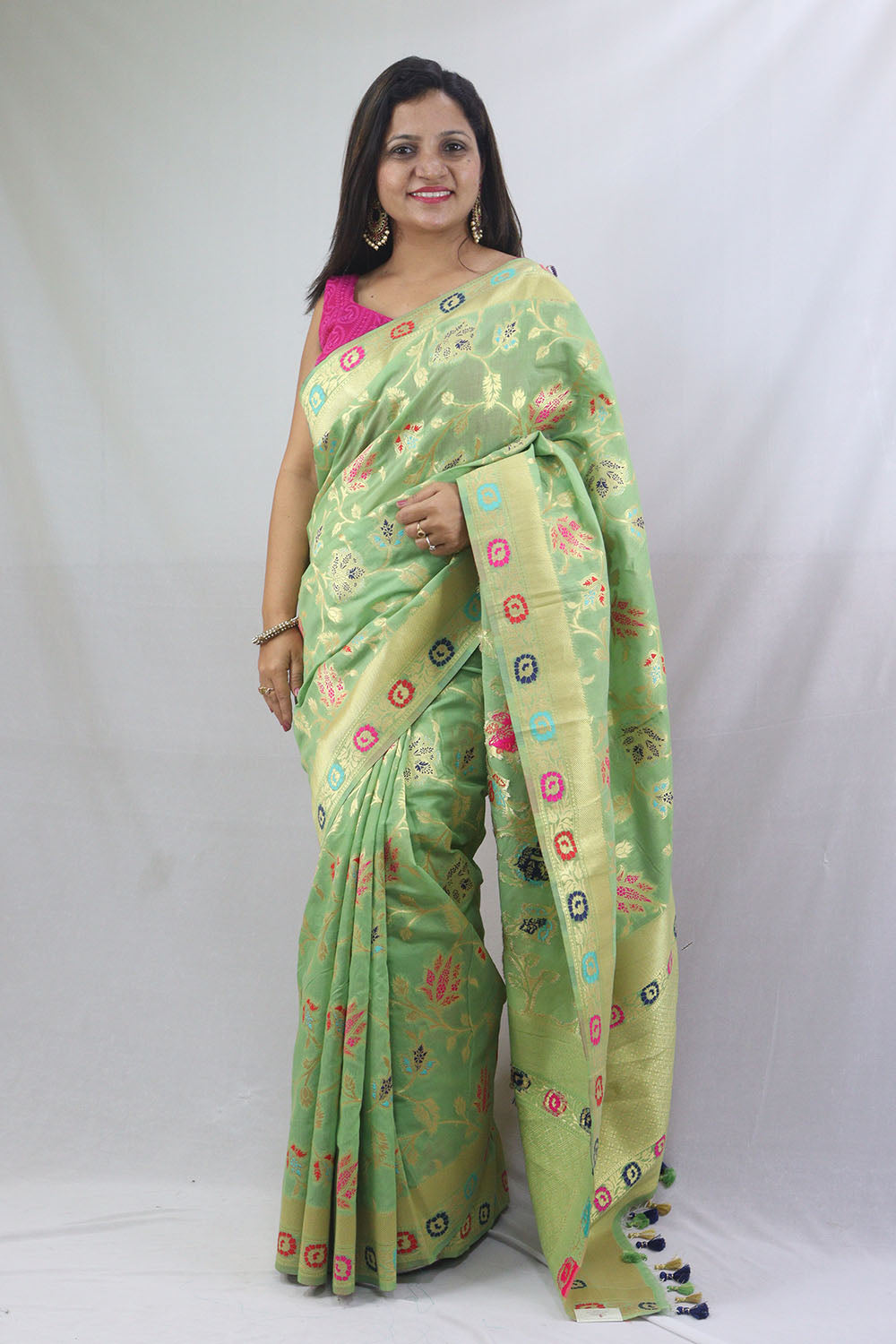 Tvis and Bliss. Peacock Blue and Pink Double Border Pure Kanchi Soft Silk  Saree