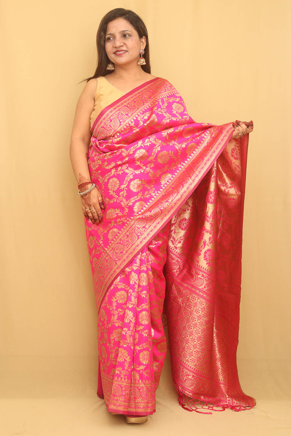 1 Min Ready To Wear - Pink Banarasi Cotton Silk Saree - Luxurion World