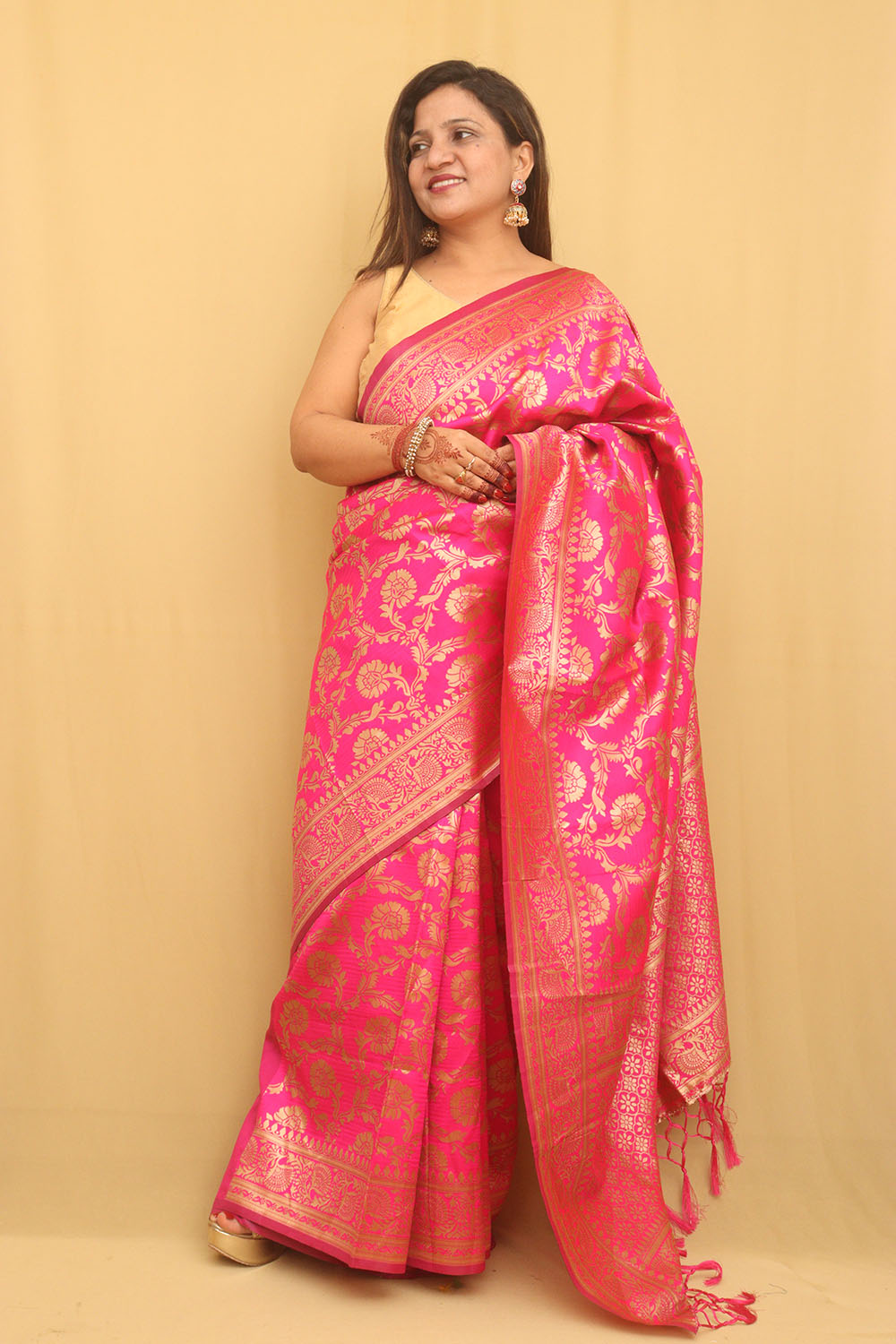 1 Min Ready To Wear - Pink Banarasi Cotton Silk Saree - Luxurion World