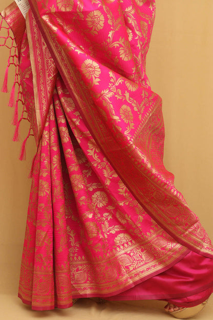 1 Min Ready To Wear - Pink Banarasi Cotton Silk Saree - Luxurion World