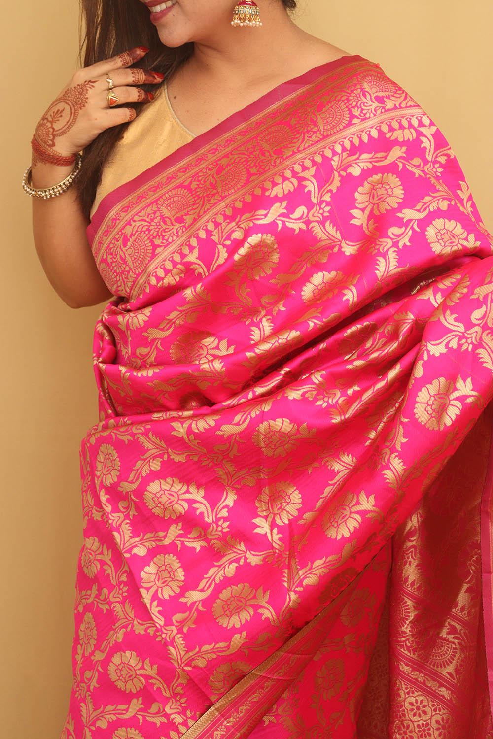 1 Min Ready To Wear - Pink Banarasi Cotton Silk Saree - Luxurion World