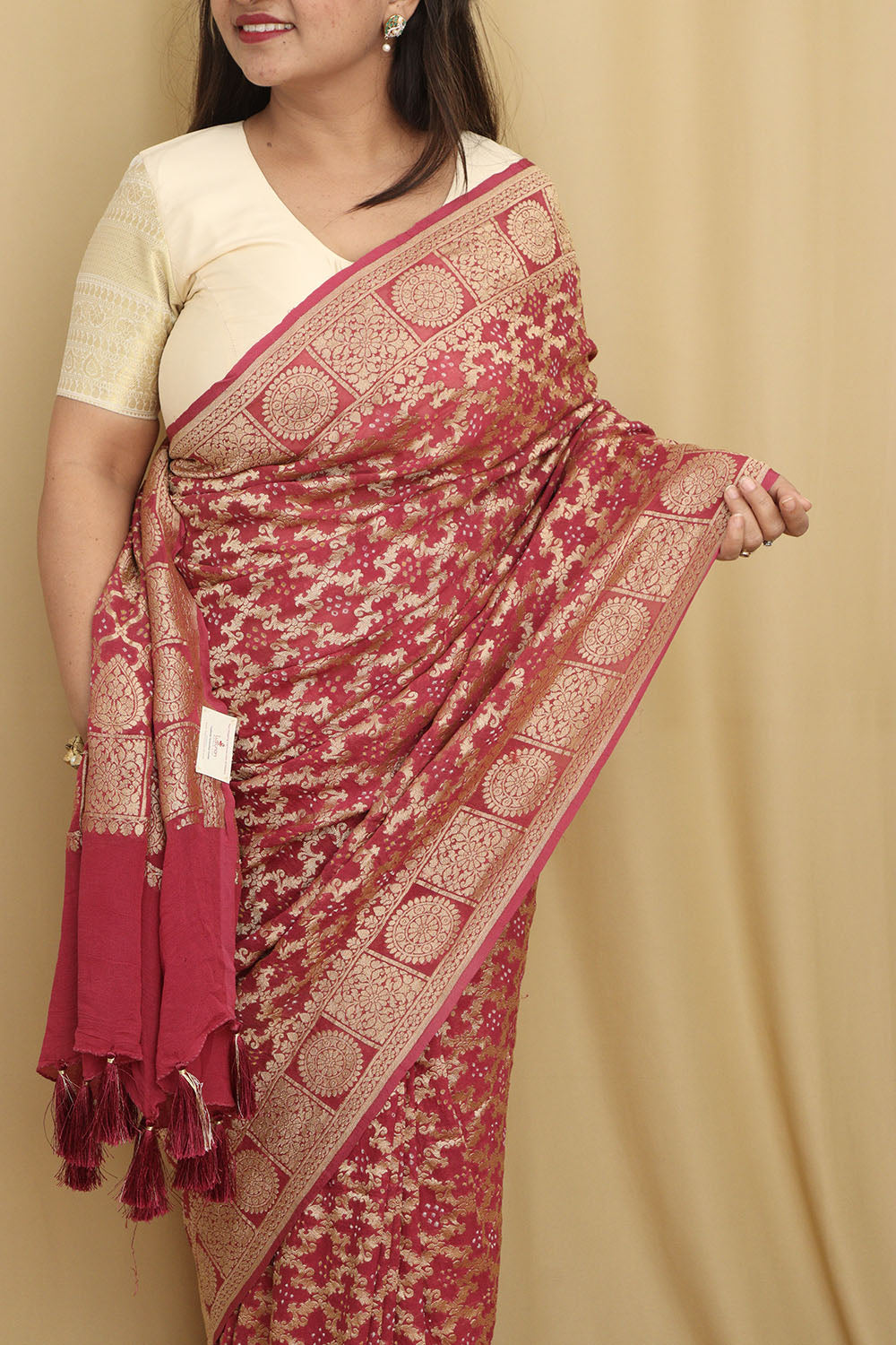 Radiant Pink Moss Chiffon Bandhani Saree