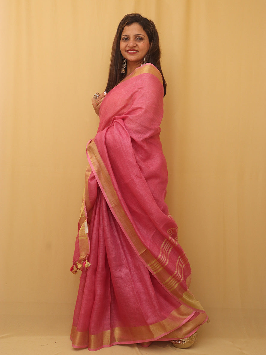 Digiloom Handloom Linen Saree in Vibrant Yellow, Orange and Fuchsia Checks  - Digiloom