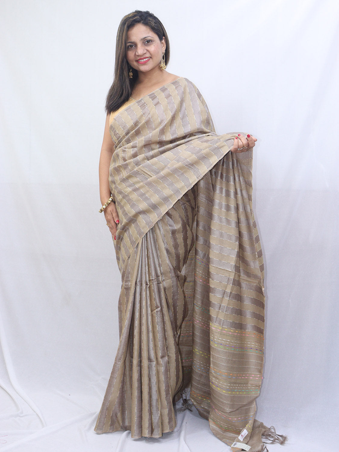 Geometric Printed Soft Bhagalpuri Silk Saree In Beige