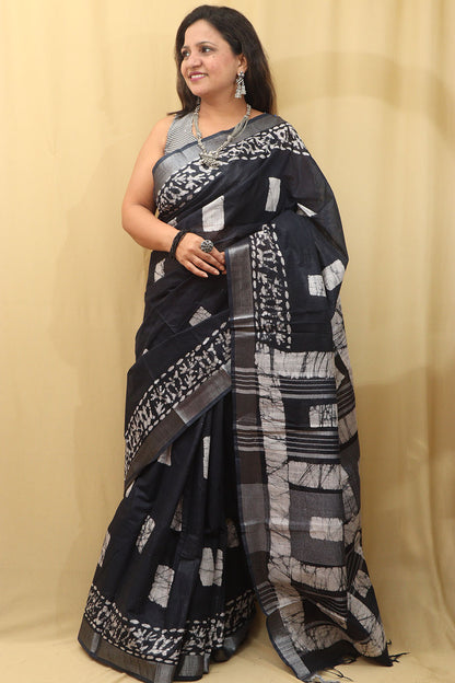 Elegant Dark Blue Linen Cotton Saree: Bhagalpur Beauty - Luxurion World