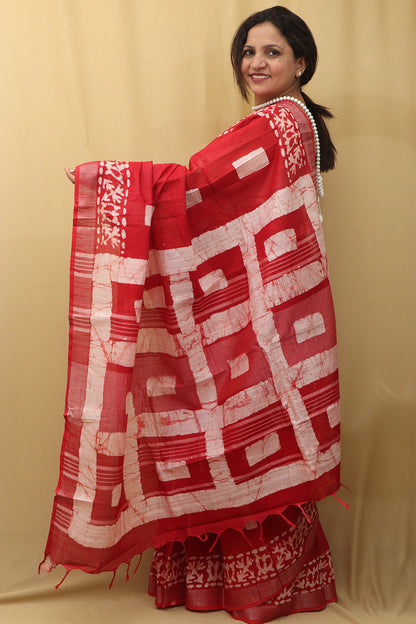 Stunning Red Bhagalpur Linen Saree - Elegant and Timeless - Luxurion World