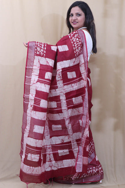 Stunning Maroon Linen Saree - Elegant Bhagalpur Design - Luxurion World
