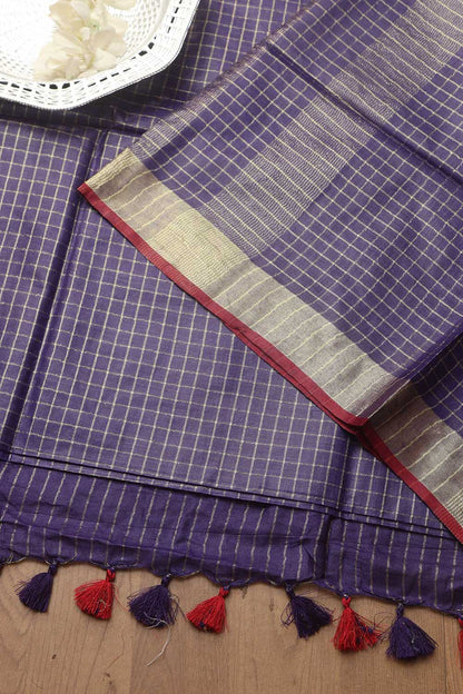 Soft and Elegant Purple Bhagalpur Linen Cotton Checks Design Saree - Luxurion World