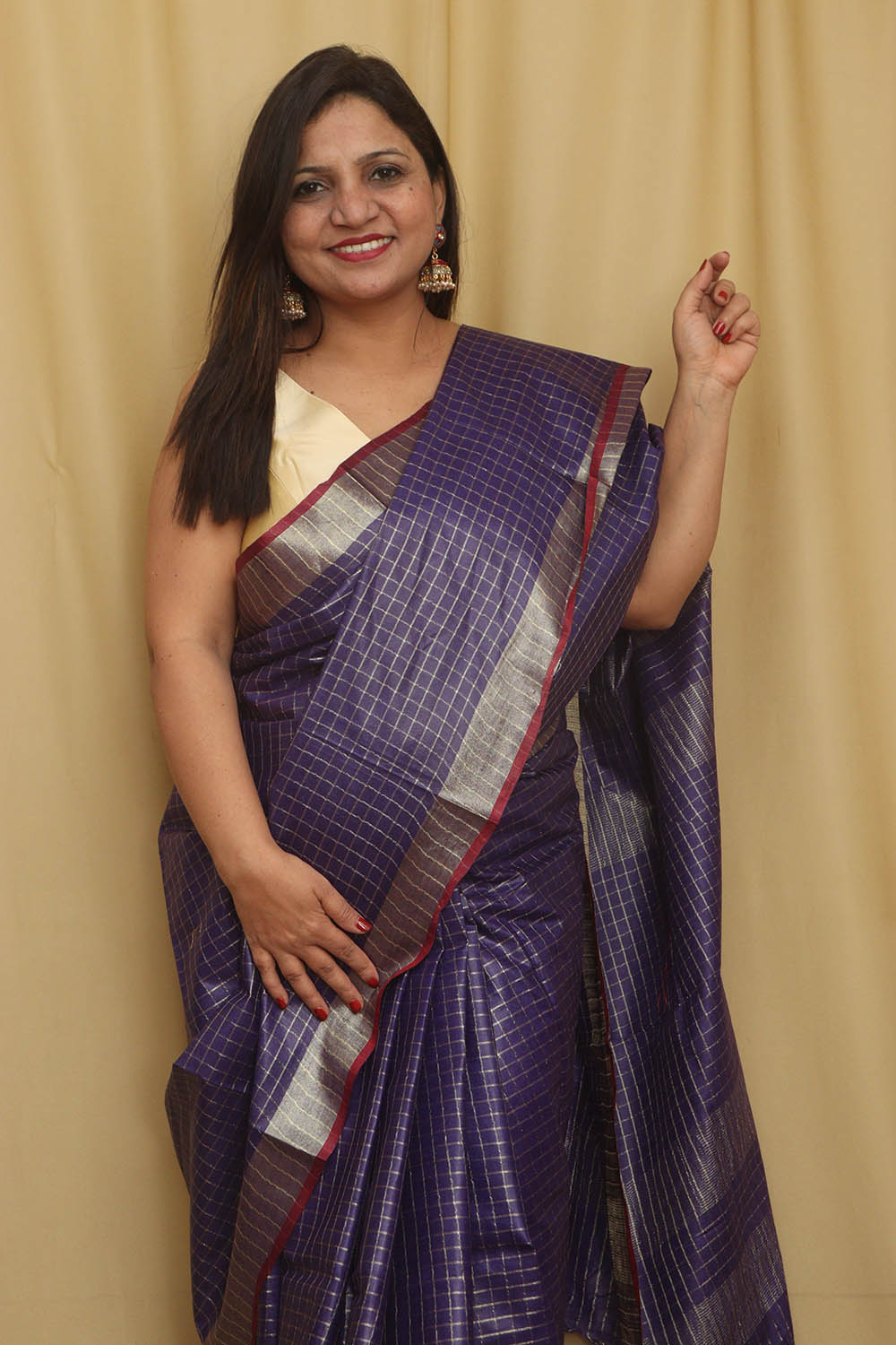 Soft and Elegant Purple Bhagalpur Linen Cotton Checks Design Saree - Luxurion World