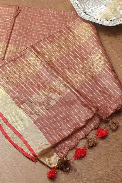 Soft and Elegant Brown Bhagalpur Linen Cotton Checks Design Saree - Luxurion World