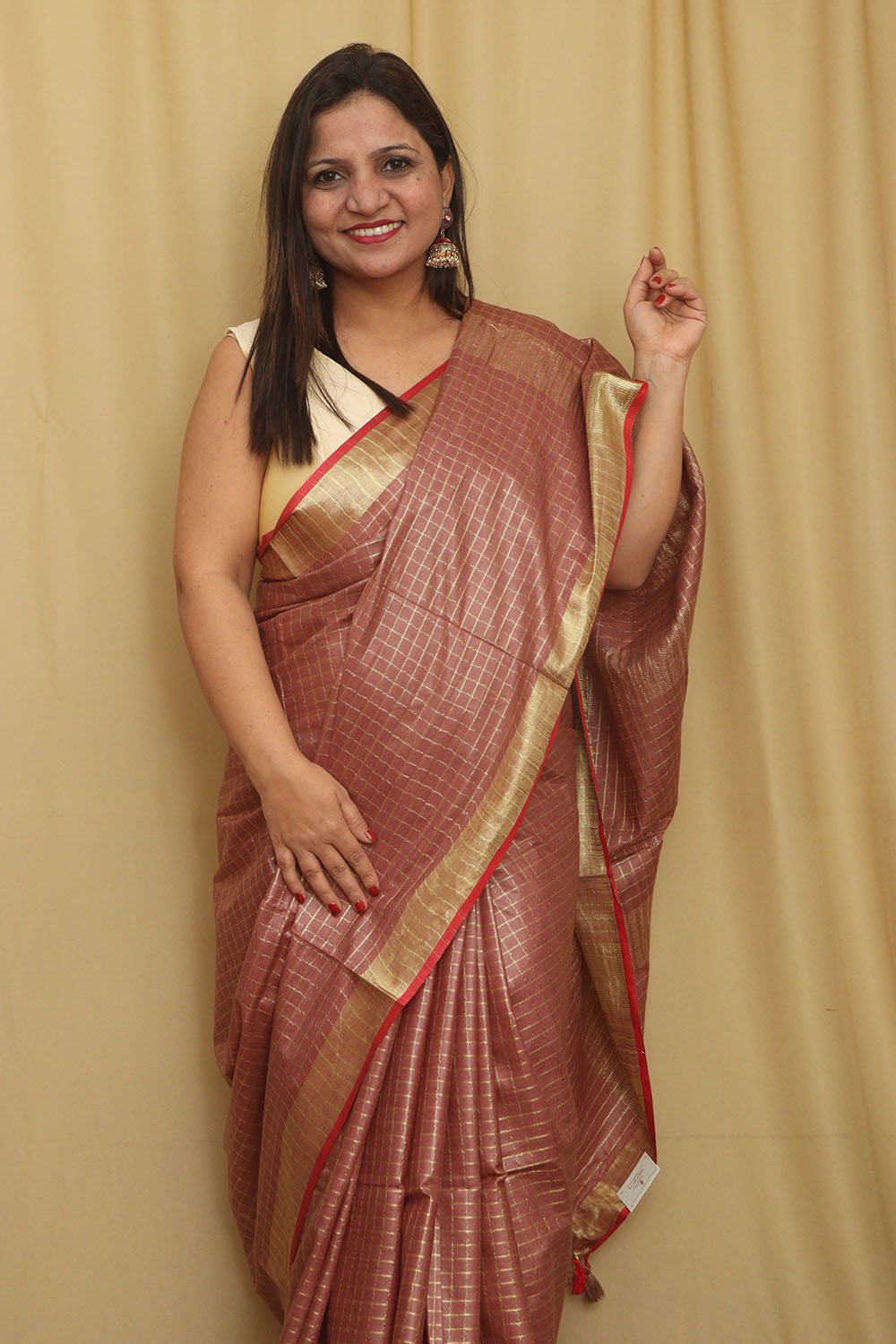 Soft and Elegant Brown Bhagalpur Linen Cotton Checks Design Saree - Luxurion World