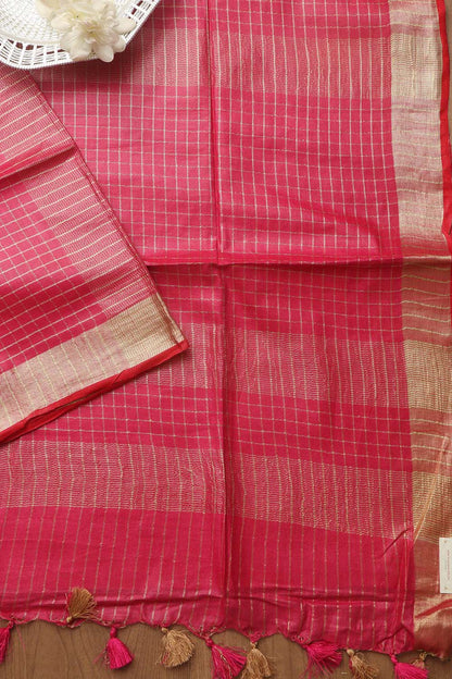 Soft and Elegant Pink Bhagalpur Linen Cotton Checks Design Saree - Luxurion World