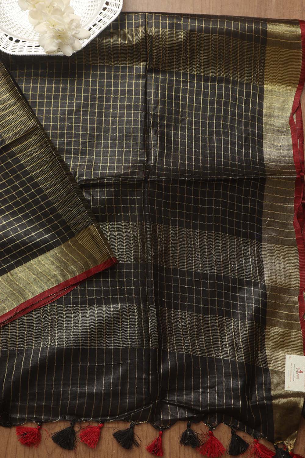 Soft and Elegant Black Bhagalpur Linen Cotton Checks Design Saree - Luxurion World