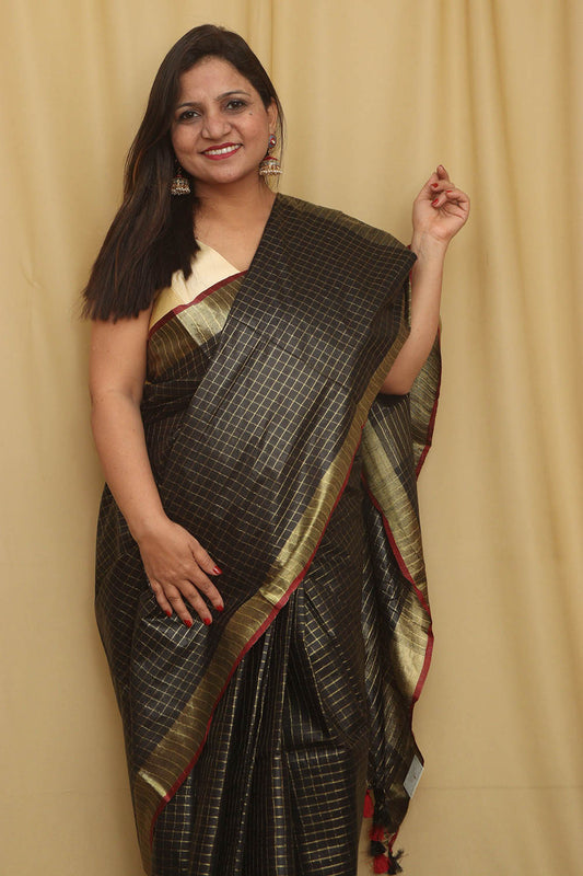 Soft and Elegant Black Bhagalpur Linen Cotton Checks Design Saree - Luxurion World