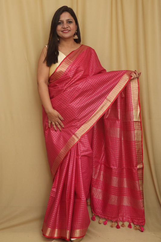 Soft and Elegant Pink Bhagalpur Linen Cotton Checks Design Saree - Luxurion World