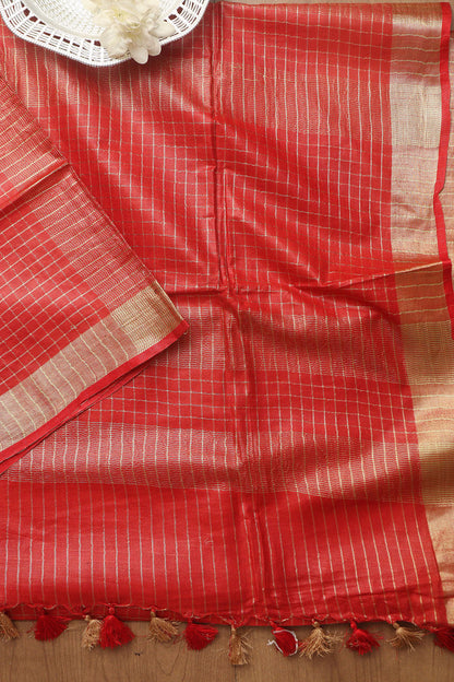 Soft and Elegant Red Bhagalpur Linen Cotton Checks Design Saree - Luxurion World