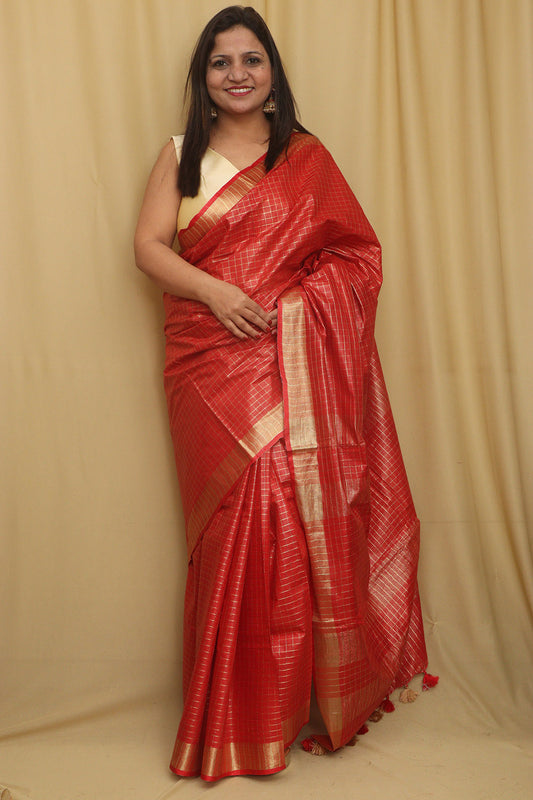 Soft and Elegant Red Bhagalpur Linen Cotton Checks Design Saree - Luxurion World