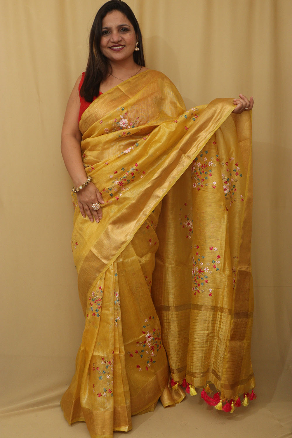 Sunshine Elegance: Yellow Pure Linen Silk Embroidered Saree - Luxurion World