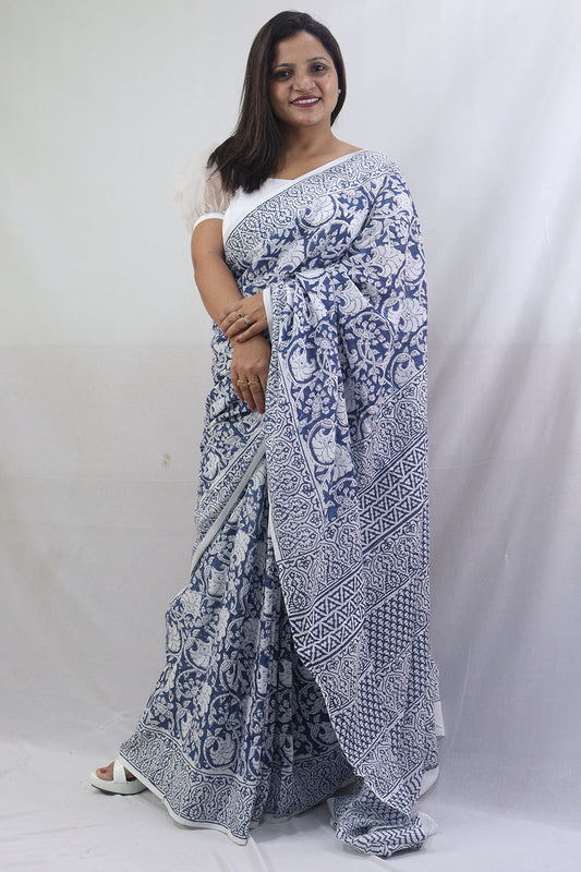 Stylish Blue Block Printed Cotton Saree for Elegant Look - Luxurion World