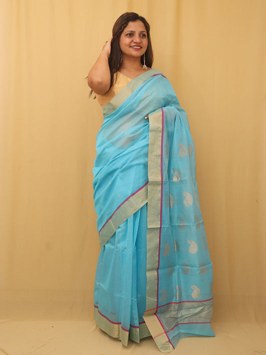 Stunning Blue Handloom Chanderi Silk Cotton Saree - Perfect for Any Occasion! - Luxurion World