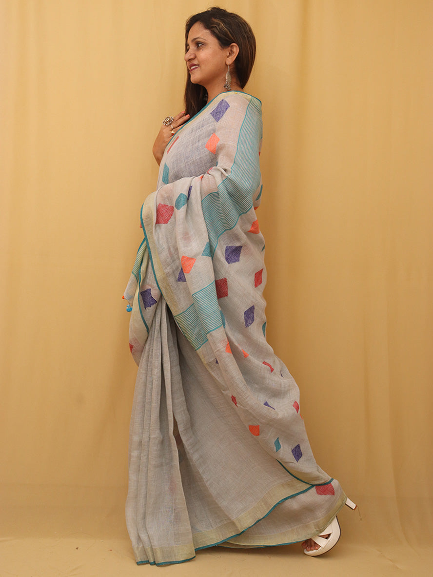 Handwoven Tissue Linen Jamdani Saree with Running Blouse (Pink Green) –  Ramanika