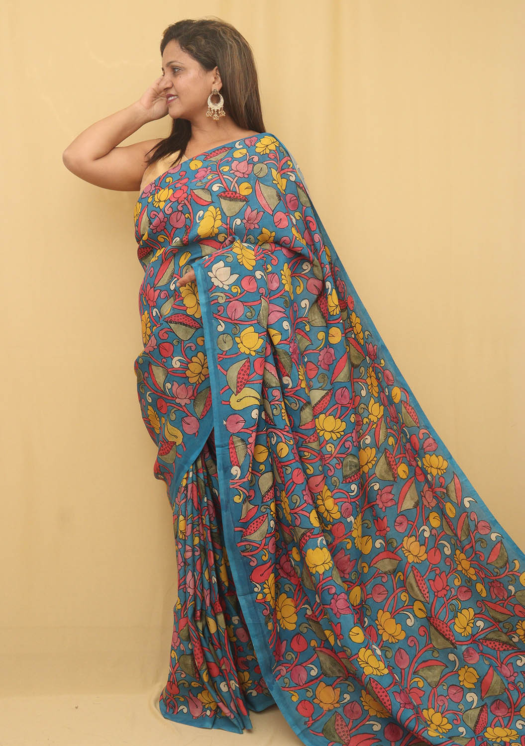 Stunning Blue Pen Kalamkari Silk Saree - Shop Now!