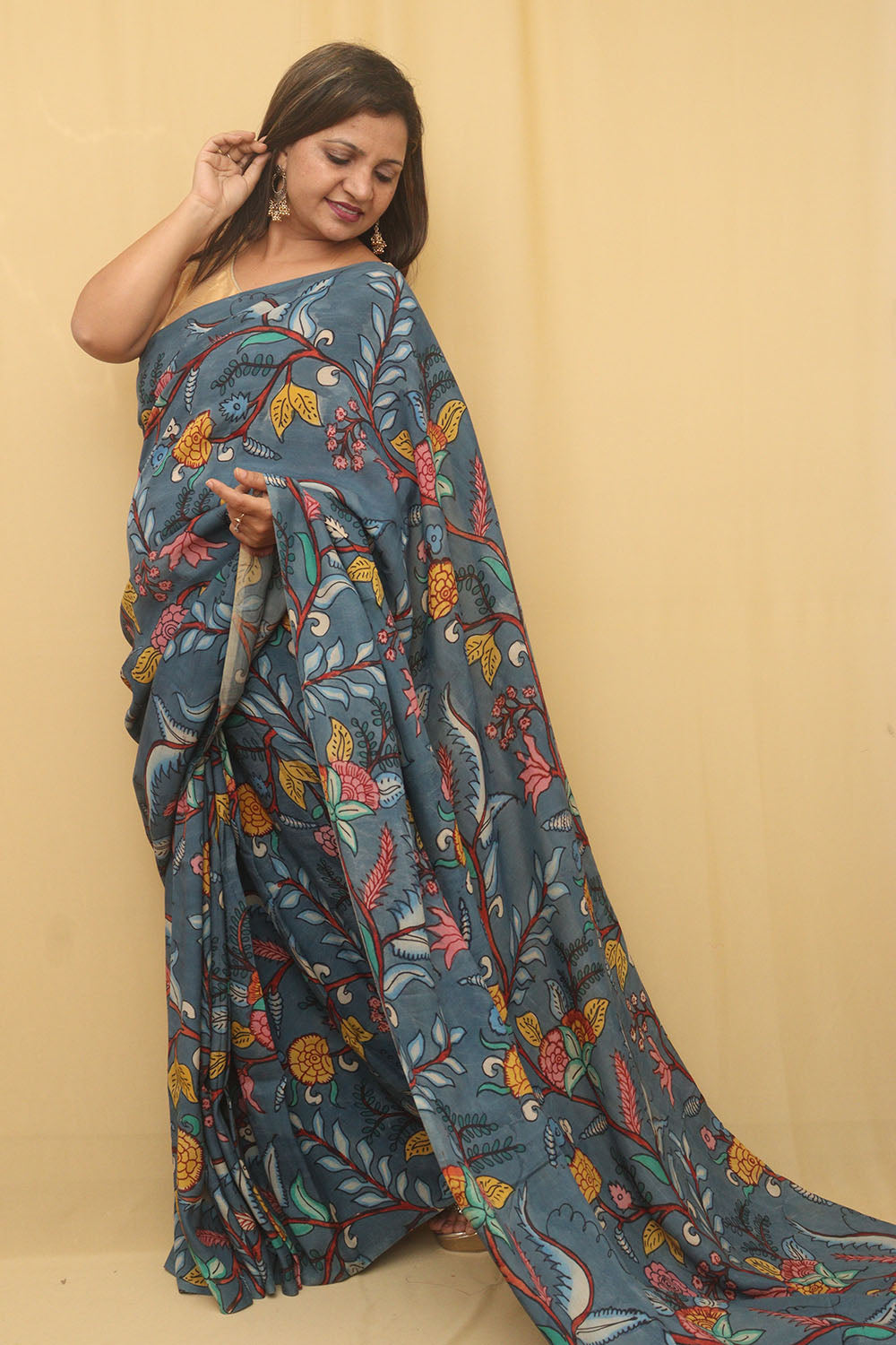 Stunning Blue Pen Kalamkari Silk Saree - Shop Now!