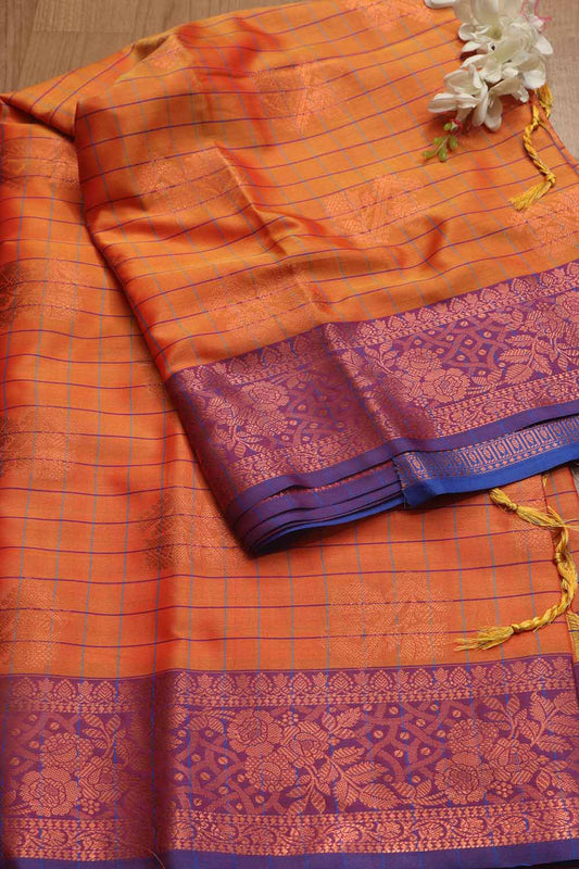 Orange Shot Kanjeevaram Silk Checks Saree - Luxurion World