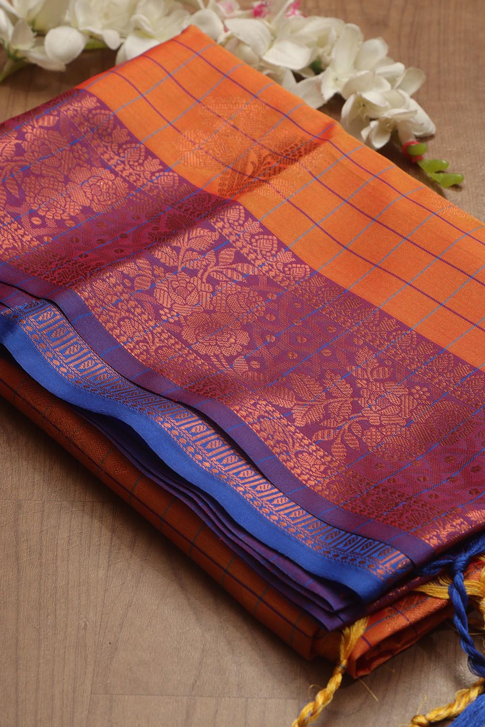 Orange Shot Kanjeevaram Silk Checks Saree - Luxurion World